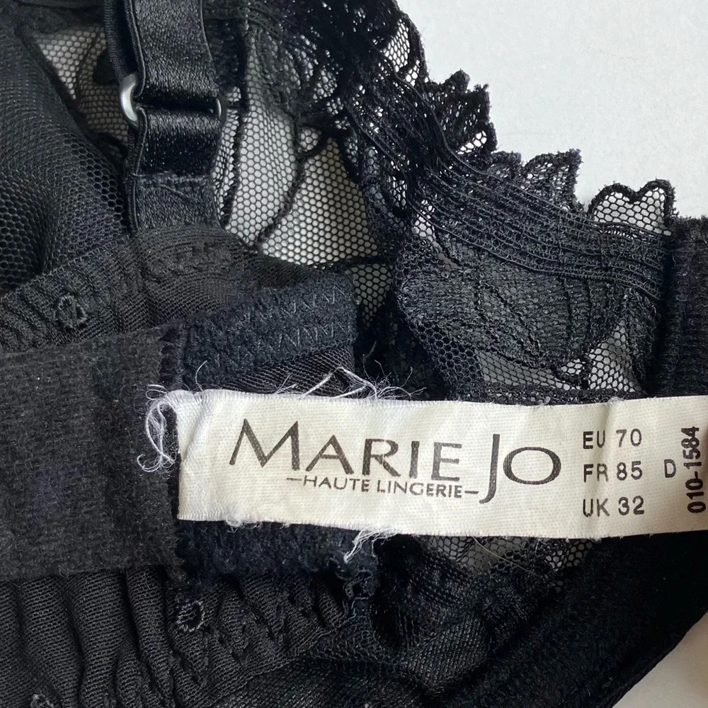 Marie Jo Black Sheer Lace Full Cup Underwire Bra Size 32D Plunge Mesh Polka Dots